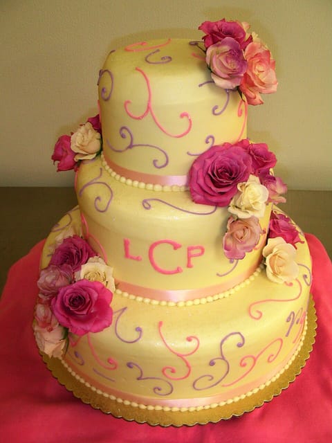 A tiered wedding cake